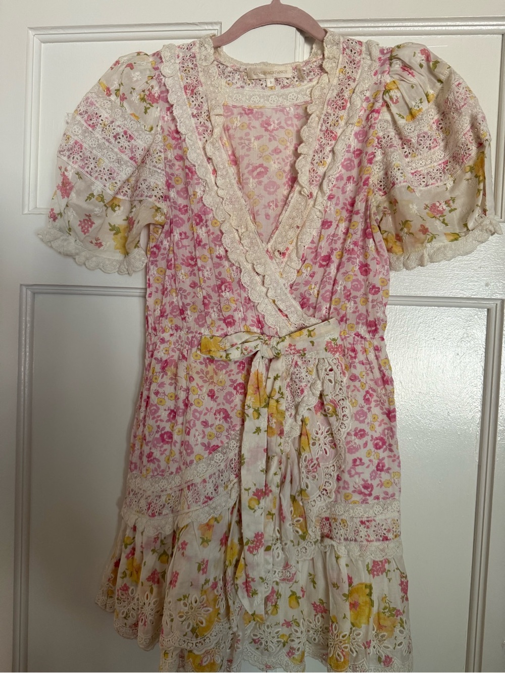 LoveShackFancy Pink and Yellow Floral Lace Wrap Mini Dress